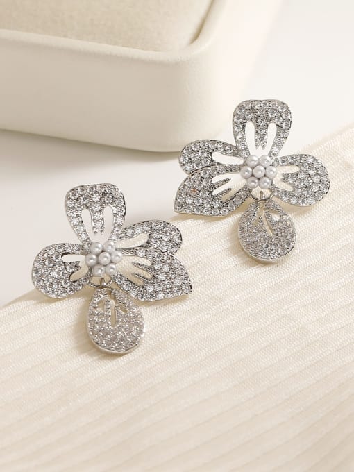 White K [925 Silver Needle] Brass Cubic Zirconia Flower Dainty Stud Earring